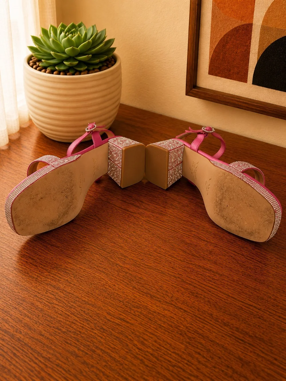 Nina Pink Rhinestone Block Heel Sandals Kids Size 5M
